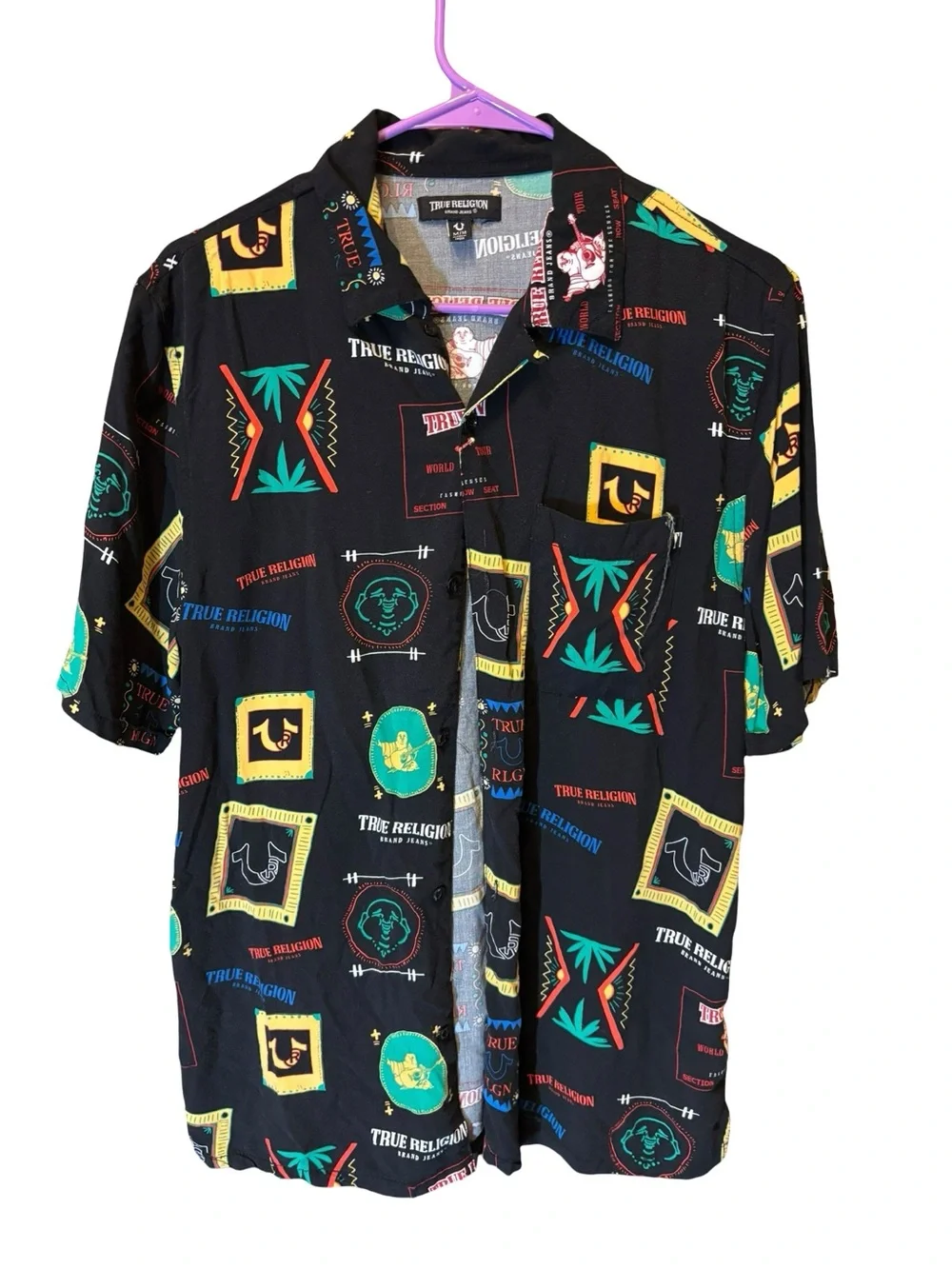 True Religion Black Short-Sleeve Graphic Print Button-Down Shirt